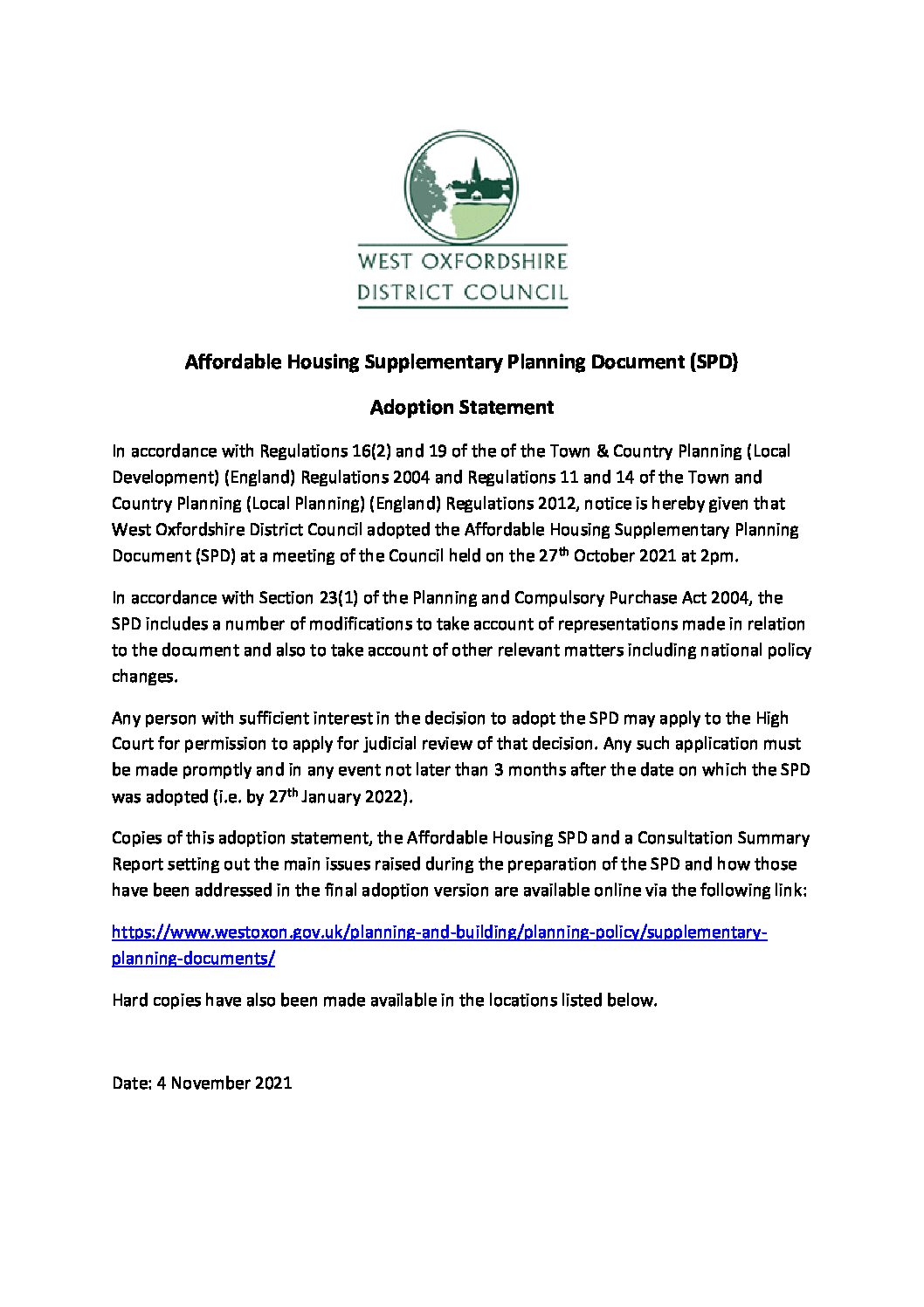 Affordable Housing Supplementary Planning Document (SPD)