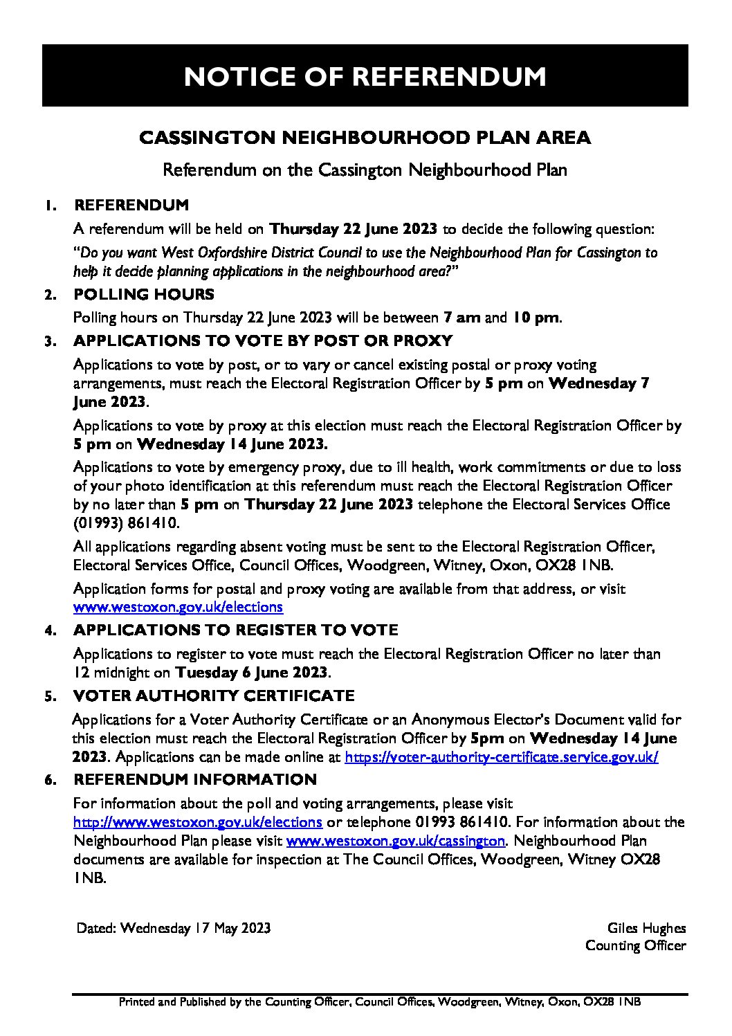 Cassington: Neighbourhood Plan Referendum – Thursday 22 June 2023