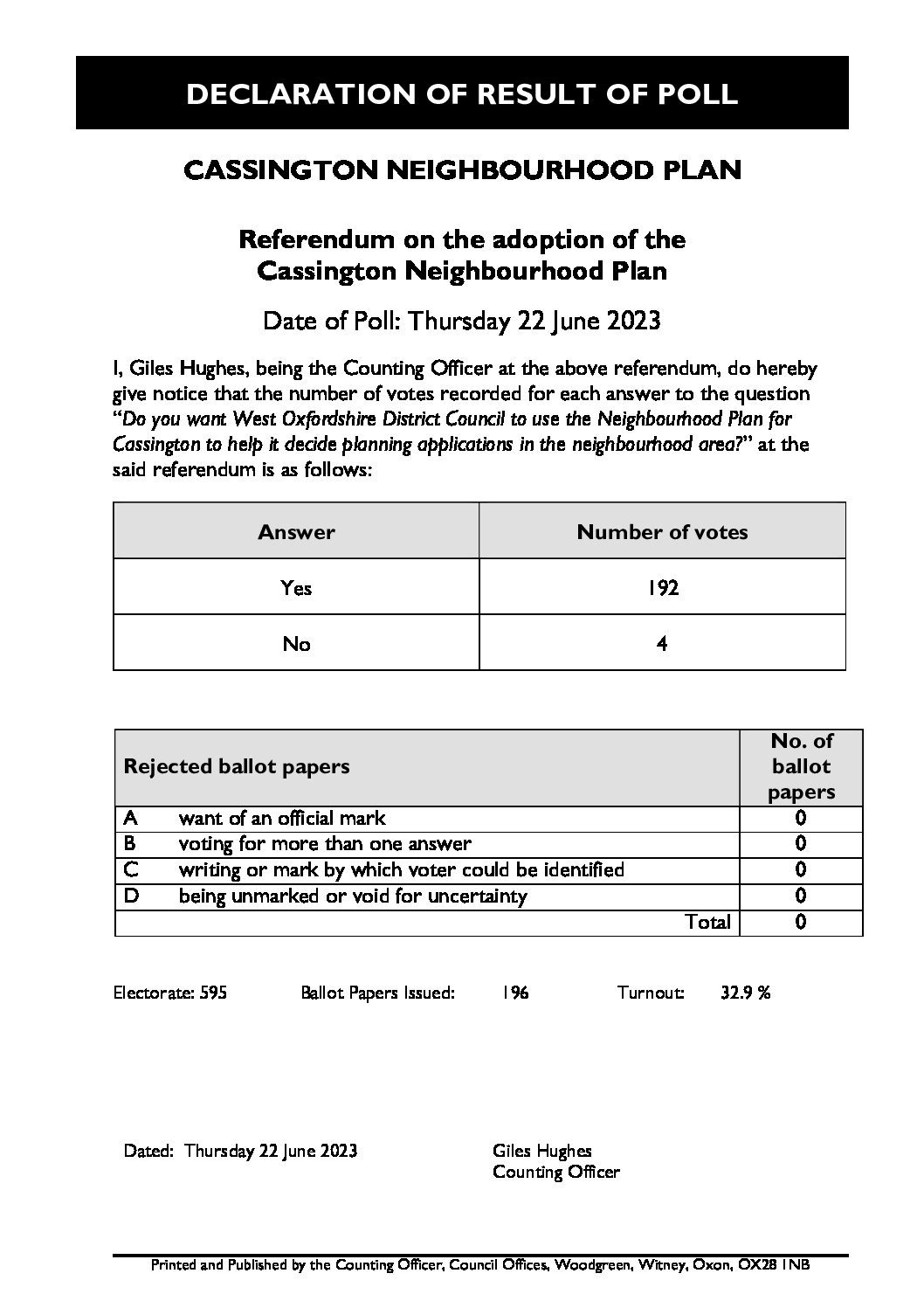 Cassington Neighbourhood Plan Referendums – Thursday 22 June 2023